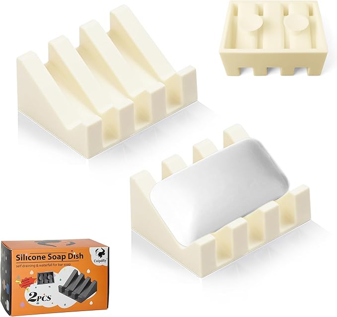 Self Draining Soap Dish,Silicone Suction Cup Soap Holder, Bathroom Soap Dish for Bar Soap,Can Extend Soap Life,Bathroom, Bath Tub, Kitchen Sink (2, Cream White)