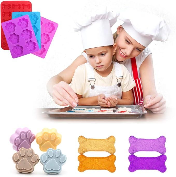 4 Pcs Silicone Candy Chocolate Molds, FineGood Puppy Dog Paw & Bone Shaped Ice Cube Trays Cookies Baking Pans for Making Frozen Dog Treats Soap Bars - Red, Blue, Purple, Pink