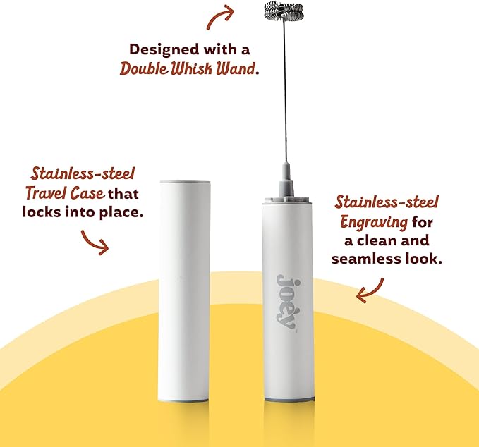Joe’y High-Grade Milk Frother, USB-Powered Handheld Whisk for Coffee, Lattes, Matcha, Hot Chocolate, Dual-Speed Stainless Steel Frothing Wand with Travel Case, Double-Whisk, White