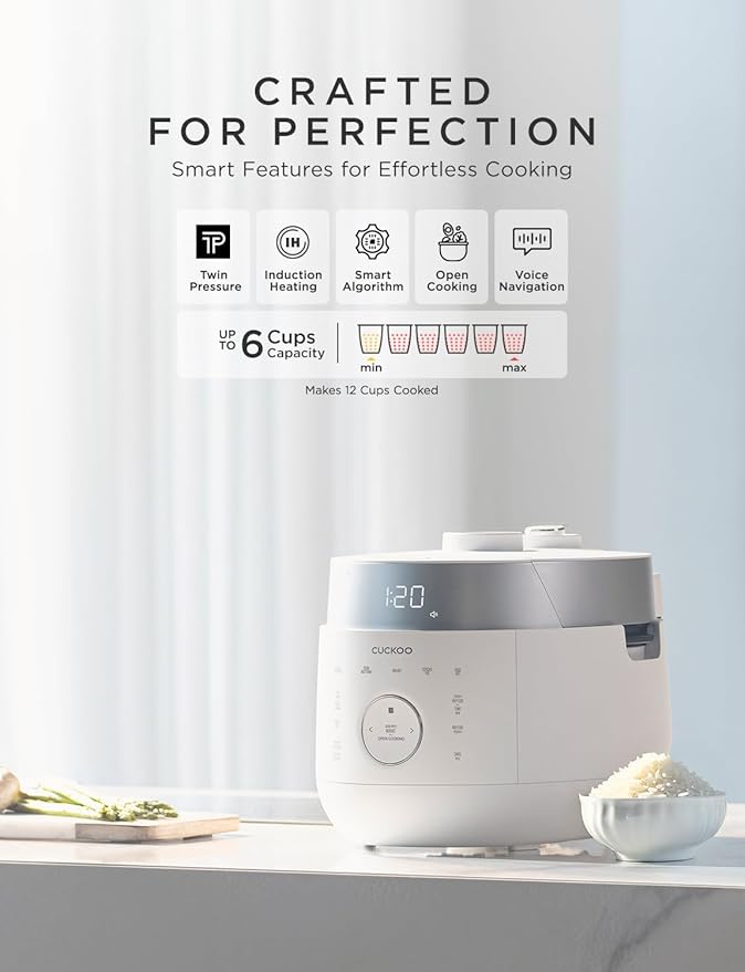 CUCKOO Twin Pressure Rice Cooker 6-Cup Uncooked / 12-Cup Cooked with Induction Heating Technology, 20 Menu Modes with Voice Guide, Versatile Rice Maker Multi-Cooker & Pressure Cooker (CRP-LHTR0609FW)