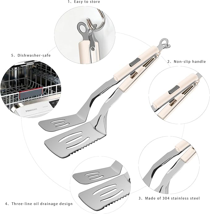 11.5-inch Stainless Steel Tongs for Cooking – Versatile Metal Spatula Tongs for Flipping, Picking Up, Cutting, and Stir-Frying Meats and Other Foods. Kitchen Tongs Durable and Multifunctional(White)