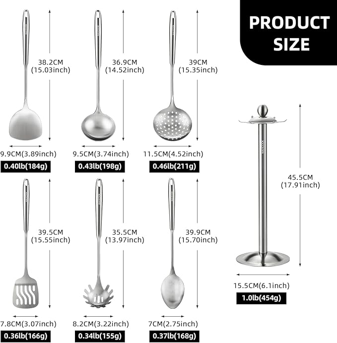 Cooking Utensils set, 18/8 Stainless Steel Kitchen Utensils set, 7 Pieces Cookware Set with Rotating Holder, Heat Resistant Stainless Steel Cooking Spoon(Dishwasher Safe)