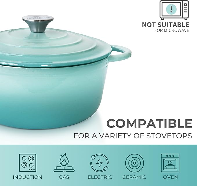 Trustmade 3 QT Cast Iron Dutch Oven, Enamel Coated Cookware Pot with Self Basting Lid for Home Baking, Braiser, Cooking, Aqua