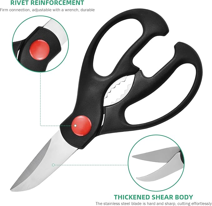 Multipurpose kitchen scissors, heavy duty meat poultry scissors, spice scissors, food cooking scissors, stainless steel utility scissors (2, black)