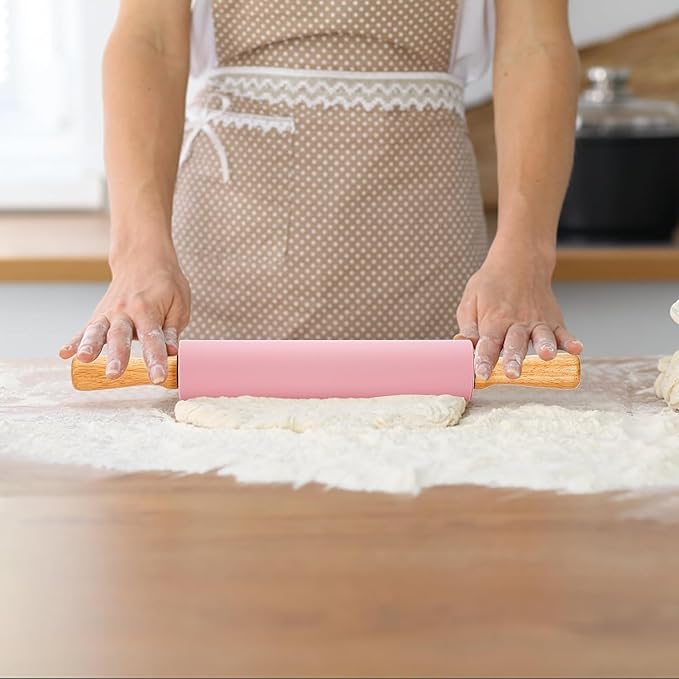 Yopay 4 Pack Silicone Rolling Pin for Baking, Non Stick Large 17 Inch Roller with Wood Handle for Tortillas Dough, Pizza, Pie, Pastries, Pasta, Cookies, Good Grips, Easy to Wash