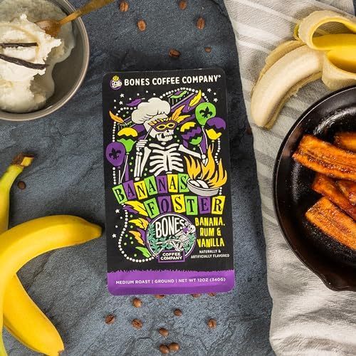 Bones Coffee Company Bananas Foster, Banana, Rum and Vanilla Flavored Coffee, Medium Roast Low Acid Arabica Beans Compatible with Auto drip and French Press Coffee Maker, 12 Oz Whole Bean