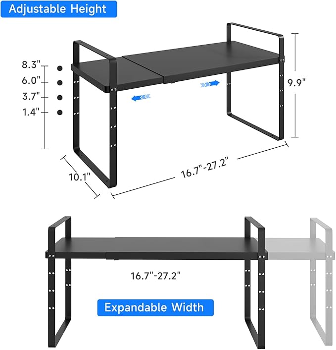 Expandable Cabinet Shelf Organizer, Stackable Kitchen Pantry Counter Storage, Adjustable Closet Cupboard Stand Rack Risers Spice Organization, 80LBS Heavy Duty, Black 3 Pack