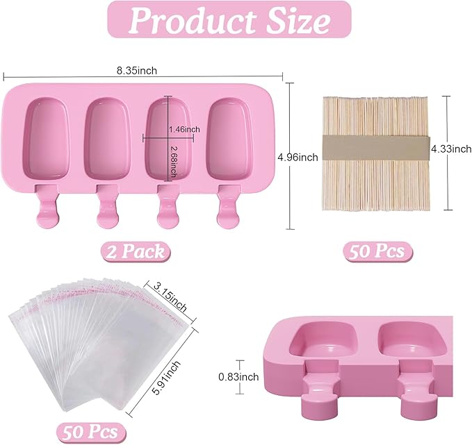 Ozera Silicone Popsicles Molds, 2 Pack Reusable Cake Pop Molds Popsicle Maker Ice Pop Cakesicle Molds with 50 Wooden Sticks & 50 Popsicle Bags for DIY Popsicles