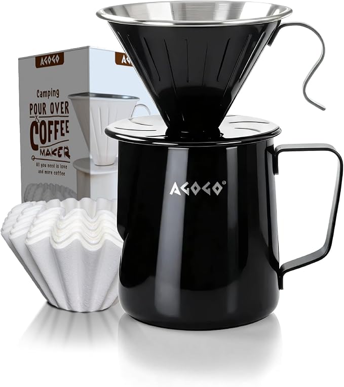 AGOGO Compact Portable Pour Over Coffee Maker Set - Easy Cleaning 304 Stainless Steel Dripper Set for Camping & 50 Filters Paper & Cleaning Rag (Black, 600ml)