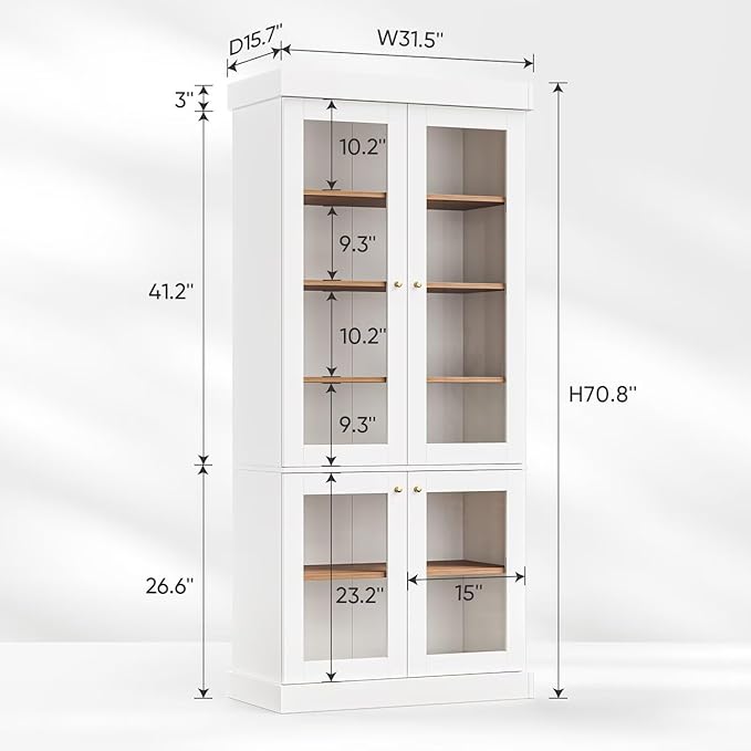70.8" Bookshelf with Glass Doors, Farmhouse Modular Bookcase with 6-Tier Adjustable Shelves, Large Storage Cabinet for Living Room & Home Office, White