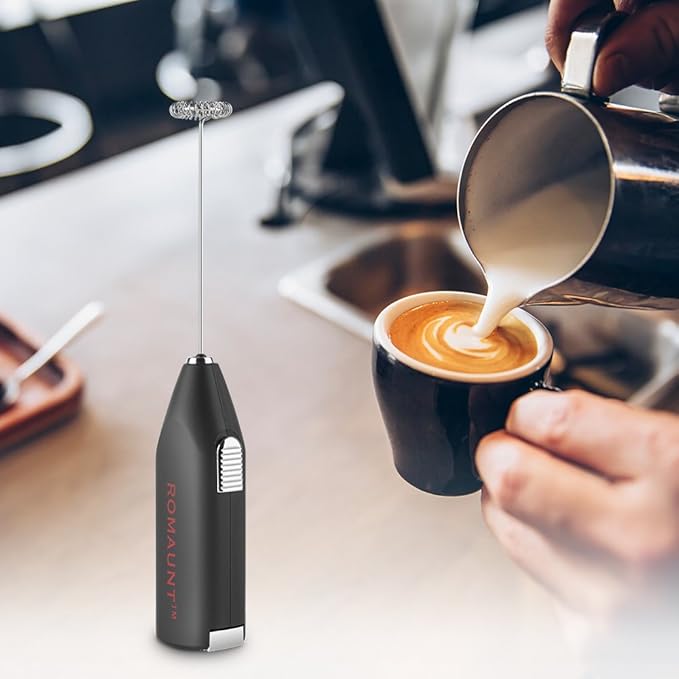 Electric Milk Frother, ROMAUNT Handheld Electric Battery Operated Frother Stainless Steel Foam Maker Perfect for Latte,Coffee,Cappuccino, Chocolate Milk Black 8 Inches New