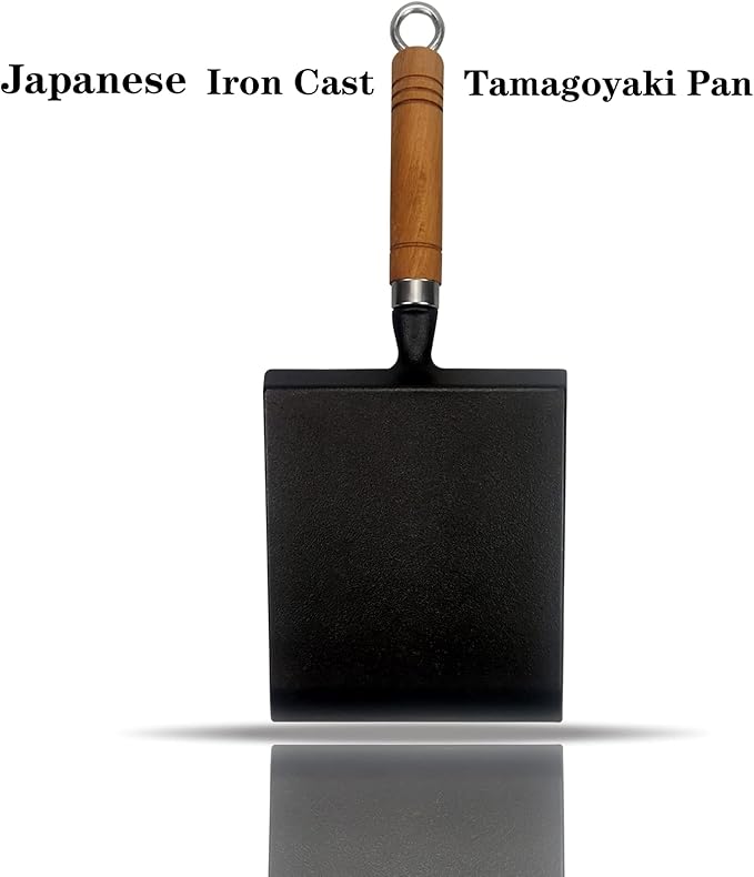 Tamagoyaki Japanese Omelette Pan Cast Iron with Wooden Lid, Square Japanese Egg Pan, Rectangle Tamago Pan with Spatula & Chopsticks 7” x 6” (Black)