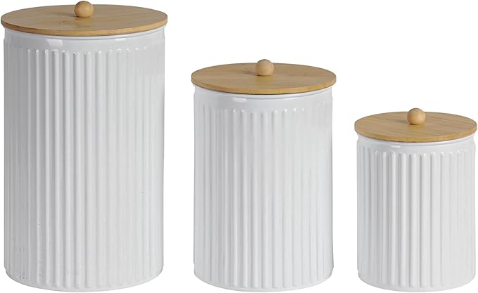 Kitchen Canister Set of 3 Tea Coffee Sugar Containers with Airtight Bamboo Lids Food Flour Storage for Countertop Metal White Vertical Stripe Pattern Embossed Farmhouse Decor