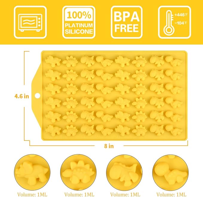 2 Sized Dinosaur Candy Molds Gummy Molds - Regular and Mini size Dinosaur Silicone Chocolate Molds Nonstick Set of 5 Including Triceratops T-Rex Stegosaurus Brontosaurus