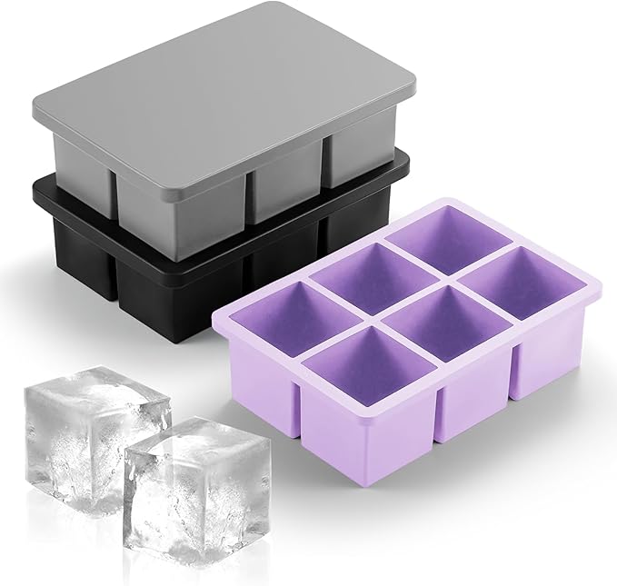 Nax Caki 3 Pack Silicone Large Ice Cube Tray with Lid, Stackable Big Silicone Square Ice Cube Mold for Whiskey Cocktails Bourbon Soups Frozen Treats, BPA Free-3 Color