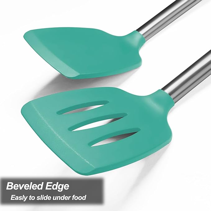 2 Pack Spatulas, Solid & Slotted Silicone Spatula Set, Stainless Steel Handle Coated with Silicone, Non Stick Turners, Heat Resistant Rubber Spatulas for Fish, Eggs, Pancakes, WOK, Teal
