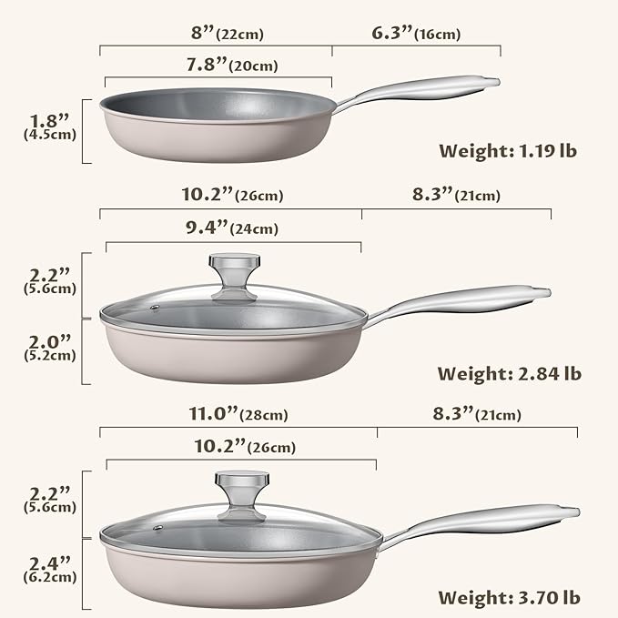 Nonstick Frying Pan Set with Lids, Induction Cookware with Molecular-bonded Induction Base, Nonstick Ceramic Coating Free of PTFE, 8" 10" 11" Non Stick Skillet, Compatible with All Stovetops