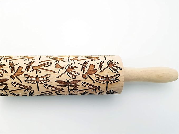 DRAGONFLY EMBOSSING ROLLING PIN WOODEN EMBOSSING ROLLING PIN with DRAGONFLY for EMBOSSED COOKIES GIFT for MOTHER FRIEND