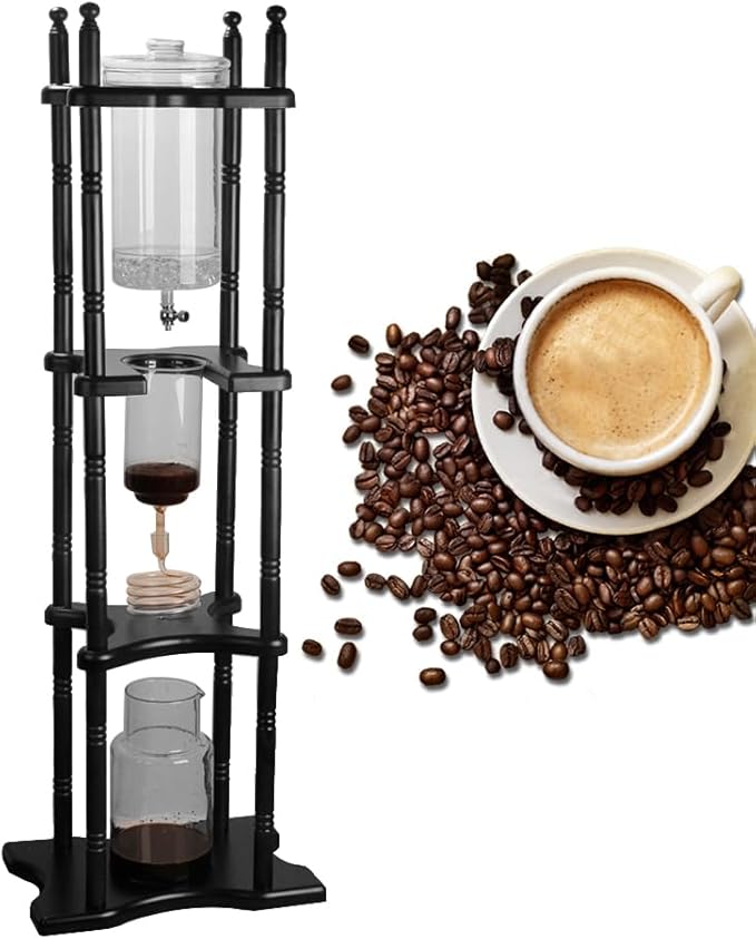 2500ml Cold Brew Coffee Maker, Large Capacity Ice Dripper Coffee Maker, Glass Dutch Coffee Dripper Ice Drip Coffee Tower With Stable Base, Portable Household With Pine Wood amd Handmade Glass