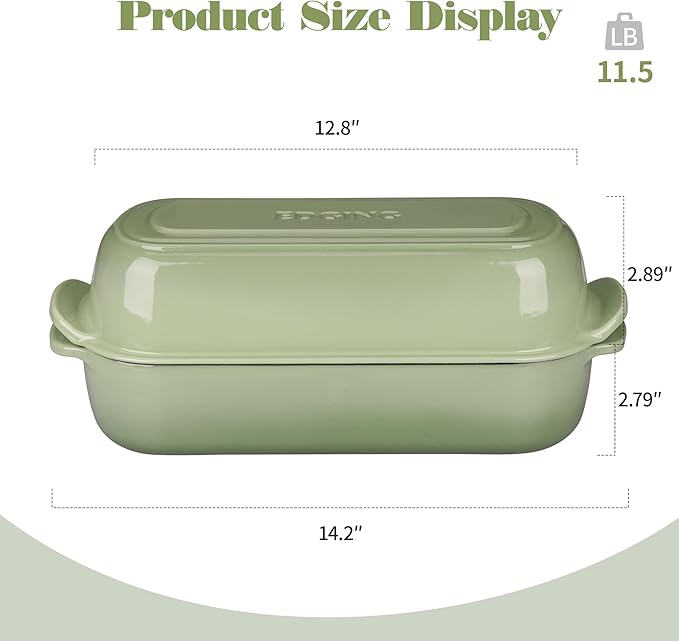 Enameled Cast Iron Loaf Pan with Lid, Dutch Oven Bread pan for Homemade Sourdough Bread Baking, 12.5x5.5 inch, 5qt, Pistachio Green