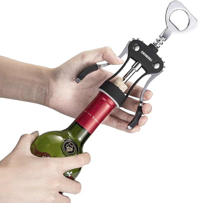 Beneno Wine Opener, Zinc Alloy Premium Wing Corkscrew with Multifunctional Bottles Opener, Sharp Wine Corkscrew with Ergonomic Non-Slip Wing Handle, Upgrade Black