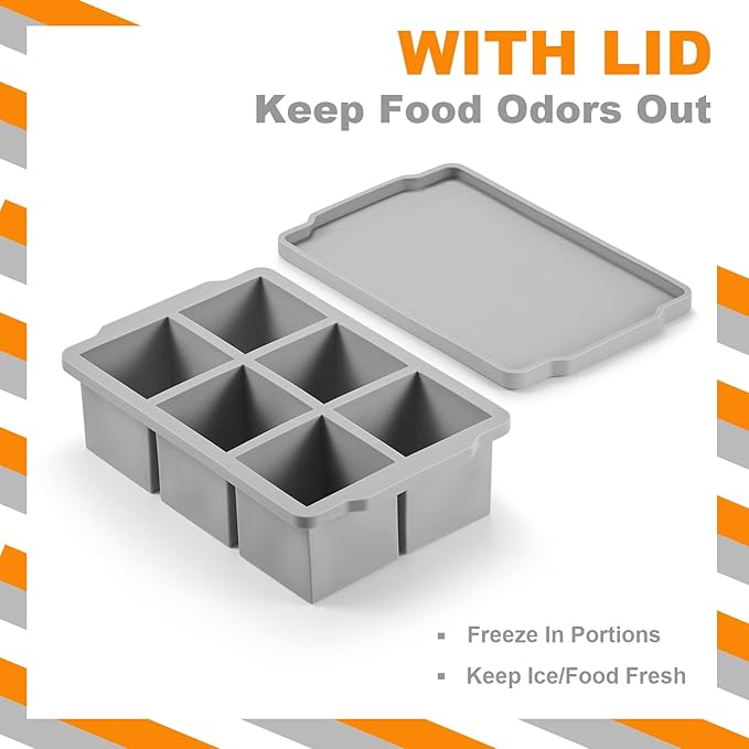 Nax Caki Large Ice Cube Tray with Lid Pack of 2, Stackable Big Silicone Square Ice Cube Mold for Whiskey Cocktails Bourbon Soups Frozen Treats, BPA Free
