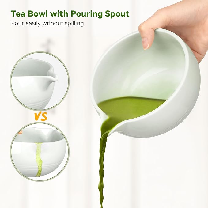 Matcha Tea Set 10-Pcs Kit, Whisk and Bowl with Spout & Measuring Spoon, Japanese Tea Making Tools, Grey