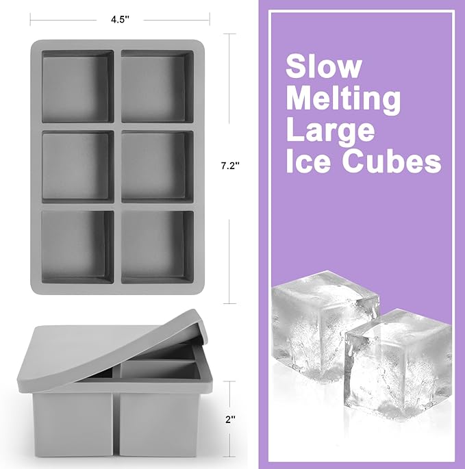 Nax Caki 3 Pack Silicone Large Ice Cube Tray with Lid, Stackable Big Silicone Square Ice Cube Mold for Whiskey Cocktails Bourbon Soups Frozen Treats, BPA Free-3 Color