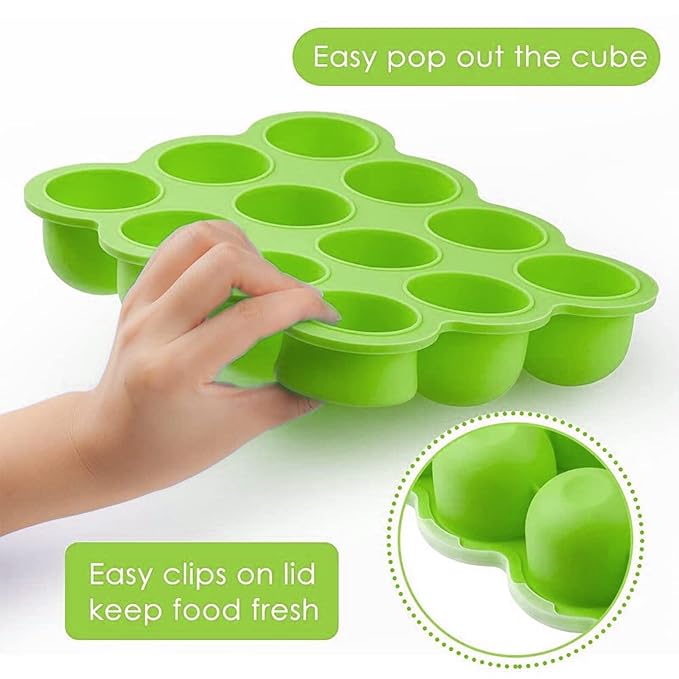 Samuelworld Baby Food Storage Container, 12 Portions x 2.5oz - BPA Free Silicone Freezer Tray with Clip-On Lid for Milk Storage, Homemade Baby Food, Vegetable & Fruit Purees - Green(For 6 Months+
