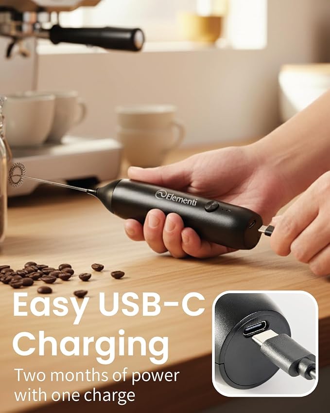 Elementi Milk Frother Rechargeable Drink Mixer Wand - Powerful USB-C Rechargeable Frother & Coffee Mixer Wand - Hand Held Milk Foamer Whisk to Make Perfect Cappuccinos, Lattes & Drink Mixes (White)