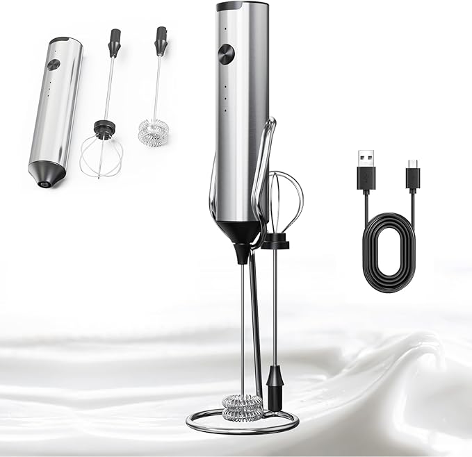 Rechargeable Milk Frother with Stand, 3 Speeds Drink Mixer Handheld with 2 Heads, Electric Frother Wand for Coffee, Latte, Cappuccino, Hot Chocolate, Matcha and Egg Mini Frother, Silver