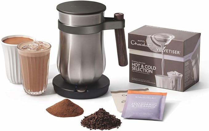 Hotel Chocolat Hot & Cold Drinking Chocolate System - The ALL-NEW Velvetiser from Kit includes hot chocolate maker, 10 serving taster box, mug and glass - Pewter Edition