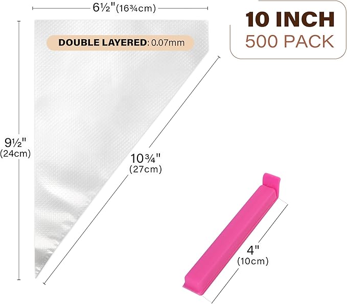 LotFancy 500Pcs Piping Bags 10 Inch, Thick Tipless Piping Bags, Non-Slip Disposable Pastry Bag for Royal Icing, Cookies, Cake Decorating