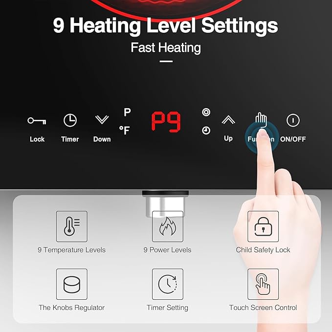 2 Burner Electric Cooktop, 110V 2400W Electric Stove Top, 24 Inch Hot Plate with Knob Control, Kids Lock & Timer, 9 Power Levels, LED Touch Control