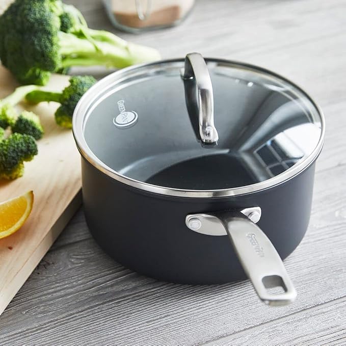 GreenPan Chatham Hard Anodized Healthy Ceramic Nonstick, 3QT Saucepan Pot with Lid, PFAS-Free, Dishwasher Safe, Oven Safe, Gray
