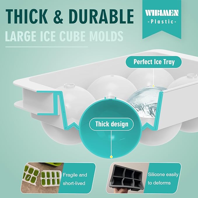 WIBIMEN Large Ice Cube Molds, Big Round Whiskey Ice Cube Trays for Freezer, Easy to Fill & Release, Whiskey Bourbon Cocktail(1.9In*6 Balls- White/2 Pack)