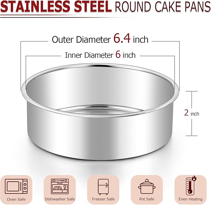 LIANYU Round Cake Pans Set of 2, 6 Inch Round Layer Cake Tins for Baking, Stainless Steel Round Baking Pan, Bakeware for Oven & Dishwasher, Non Toxic & Heavy Duty