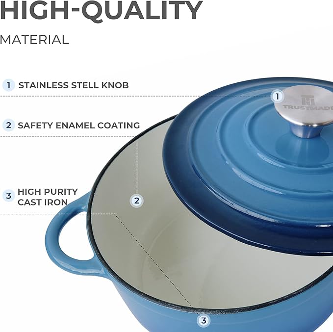 Trustmade 4.5 QT Cast Iron Dutch Oven, Enamel Coated Cookware Pot with Self Basting Lid for Home Baking, Braiser, Cooking, Blue