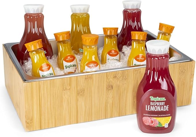 Displays2go 21" x 6.5" Ice Housing Tray - Bamboo and Steel Ice Housing Container - Removable Tray for Display Buffets - Bamboo (FSIHWOODL)