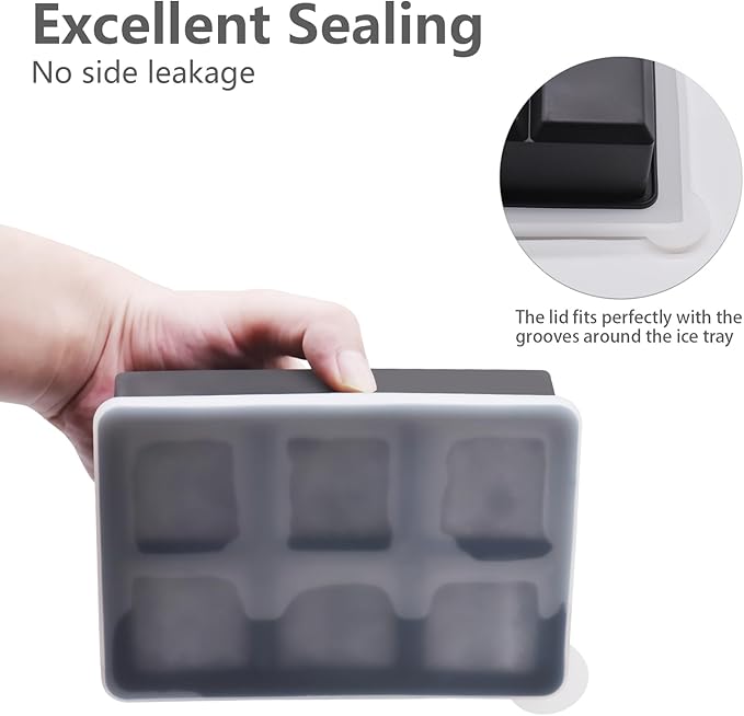 Ice Cube Tray, 3 Pack Silicone Ice Cube Molds with Removable Lid, Easy Release & Reusable Large Square Freezer Trays for Whiskey, Cocktail, Drinks, Coffee, Juice (Black)