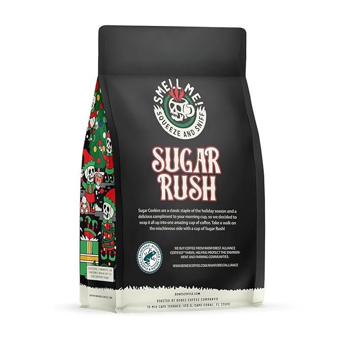 Bones Coffee Company Sugar Rush, Sugar Cookies Flavored Coffee, Medium Roast Low Acid Arabica Beans Compatible with Auto drip and French Press Coffee Maker, 12 Oz Whole Bean