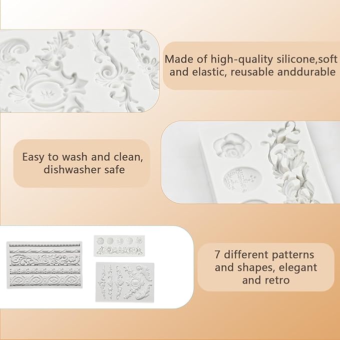 3 Pcs Baroque Silicone Molds Baroque Style Curlicues Scroll Lace Fondant Silicone Mold Scroll silicone Baroque Mold Relief Flower Lace Mould for Wedding Birthday Cake Decoration