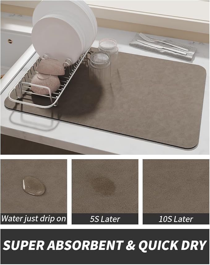 AMOAMI Coffee Mat - Hide Stain Rubber Backed Absorbent Dish Drying Mat for Kitchen Counter - Brown, 12"x19"