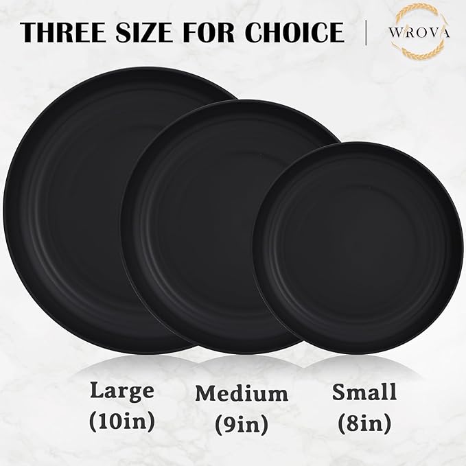 Wrova Wheat Straw Plates - 10 Inch Unbreakable Dinner Plates Set of 8 - Dishwasher & Microwave Safe Plastic Plates Reusable - Lightweight Plate for kitchen,camping (Pure Black)