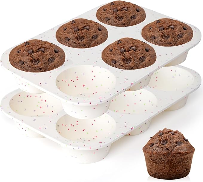 CAKETIME Jumbo Muffin Pan, 3.5 Inch Large Muffin Pan 6 Cup Silicone Jumbo Muffin Tin for Baking Giant Homemade Muffins, Cupcakes, Frittatas BPA Free Non Stick 2 Pack Confetti
