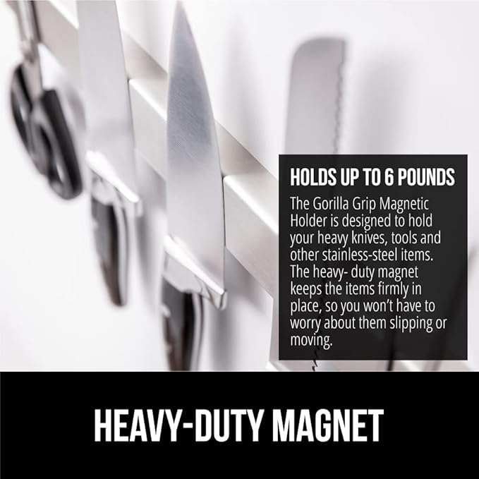 GORILLA GRIP Stainless Steel Magnetic Knife Holder for Wall, Multi-Purpose Magnet Bar for Knives, Tools, Art Supplies, Heavy Duty Strip Holds Up to 6 lbs, Kitchen Organizer, Drilling Required, 10 Inch