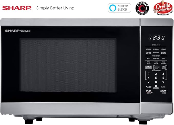 SHARP Countertop Microwave Oven Compatible with Alexa Orville Redenbacher's Certified with Removable 12.4" Carousel Turntable, 1000 Watt, 1.1 Cubic Feet, Stainless Steel
