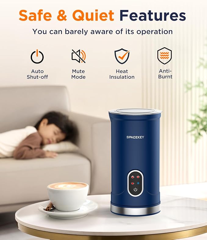 Spacekey Milk Frother, 4-in-1 Electric Frother for Coffee, 10.1oz/300ml Automatic Warm and Cold Foam Maker with Mute Mode, Temperature Control Milk Steamer for Latte, Easy to Clean