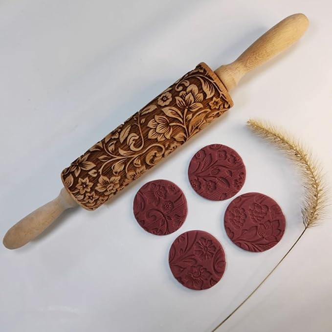 Embossed Rolling Pin 2 Pack, Wooden Non Stick Rolling Pin for Baking with Pattern Designs, French Pastry Dough Roller for Cookies, Pie Crust, Fondant, Kitchen Baking Tools Supplies Set (2 Piece)