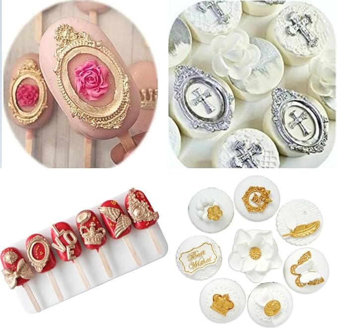Vintage Picture Frame Fondant Mold Baroque Style Crown Rose Flower Silicone Mold for Chocolate Sugarcraft Cupcake Topper Jewelry Polymer Clay Crafting Projects